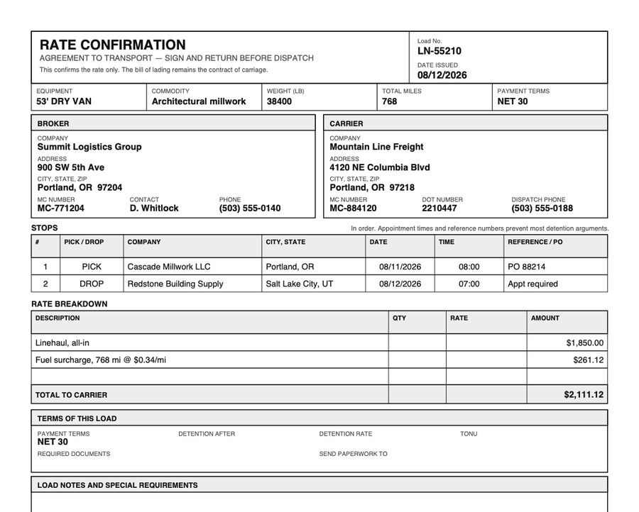 A completed rate confirmation. It shows the load number, equipment, commodity, weight, miles and payment terms, full broker and carrier blocks with MC and DOT numbers, a two-stop schedule with dates, appointment times and reference numbers, and a rate breakdown totalling $2,111.12 to the carrier.
